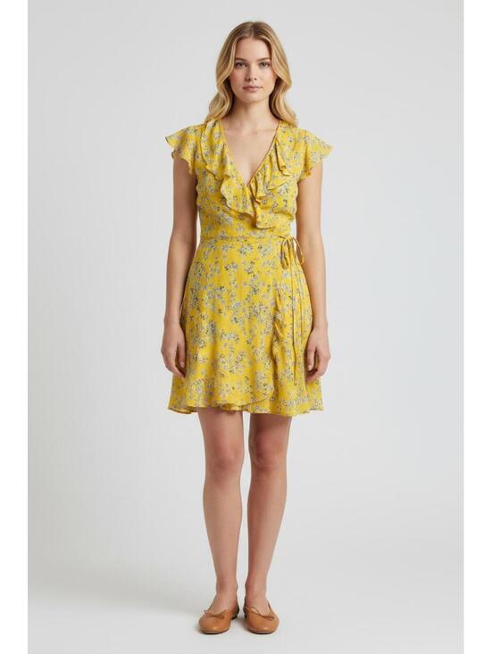 Draper James Dresses & Skirts - Draper James RSVP Yellow Floral Ruffle Wrap Dress Size M